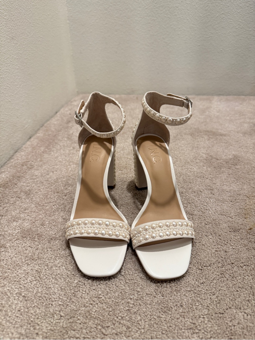 INC Ivory Pearl-Embellished Ankle-Strap Block Heels